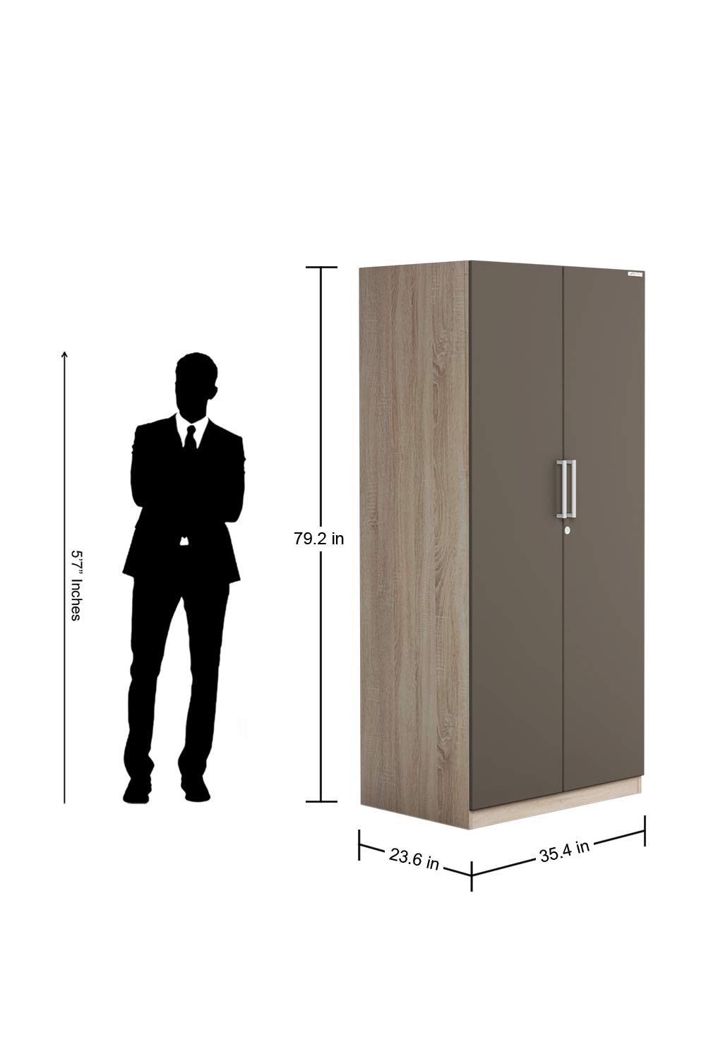 Dimensions of the Kalista wardrobe with a person for scale