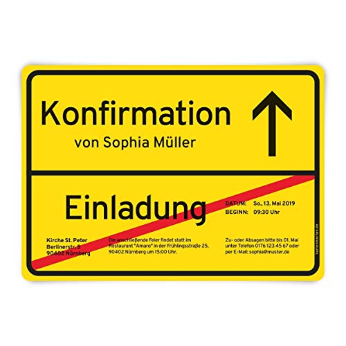 Lustige Konfirmation Einladungskarten selbst gestalten im Ortsschild Look, individuelle Einladungen DIN A6