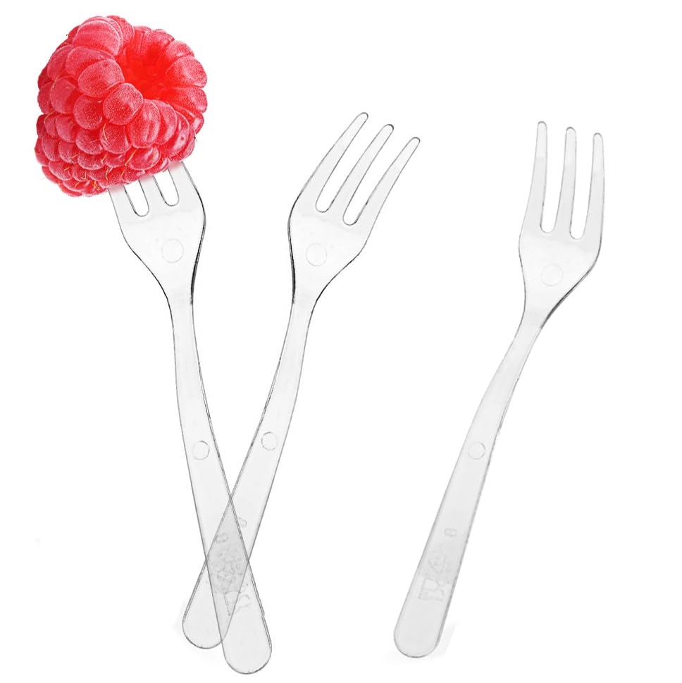 Zukent Biologisch abbaubare Kunststoffgabeln – klare Probiergabeln, strapazierfähig, perfekt für Mousse, Dessert-Pudding, Picknicks und Partys – 100 Stück