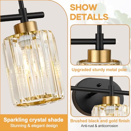 Image of Modern Crystal Bathroom Vanity Light, 3-Light Black & Gold Vanity Lighting Fixture with Clear K9 Crystal Shades, Adjustable Up /Down Installation, E26 Base (Bulbs Not Included)