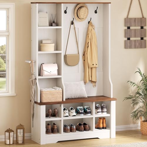 DWVO 39" Hall Tree with Bench and Shoe Storage, 6 Shoe Cubbies & 5 Coat Hooks, 4 Side Storage Cubbies, Entryway Bench with Coat Rack for Entryway Hallway Bedroom Narrow, Adjustable Shelf (White)
