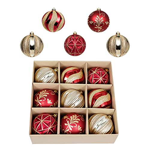 Valery Madelyn Large Christmas Ball Ornaments, 9ct 3.94 Inches Red and Gold Shatterproof Christmas Tree Decorations Set, Luxury Hanging Ornaments for Xmas Trees Bulk Holiday Decor