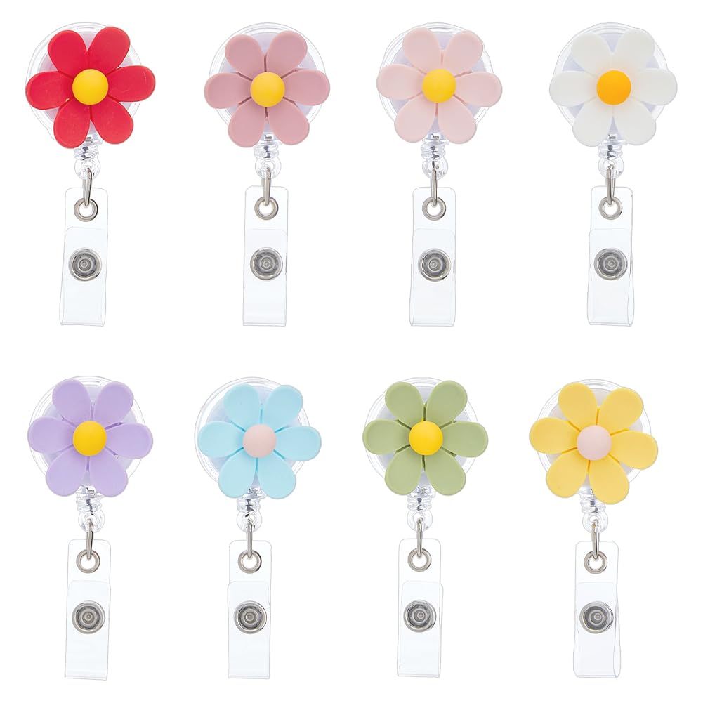 SUPERFINDINGS 8Pcs 8 Colors Flower Retractable Reel Badge Cute Reel Holder Nurse Badge Holder with Clip Flower ID Card Holders Retractable Clip for Teachers Nurse Doctor Office Workers Gifts