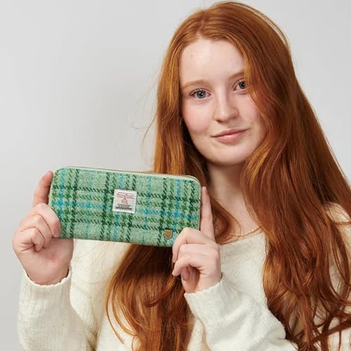Image of Islander HarrisTweed & PU Leather women's long zip purse, Carry Cash & card, Scottish Style, Mint Tartan