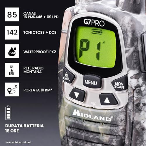 Midland - Walkie Talkie G7 Pro Mimetica, Ricetrasmittenti Professionali Softair E Outdoor, 85 Canali - 16 PMR446/69 Lpd Senza Licenza, 10 Km, Autonomia 18 Ore, 4 Batterie Ricaricabili E Accessori - 5