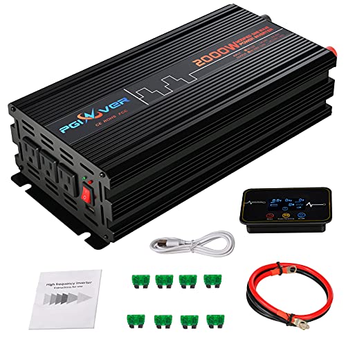 2000W Power Inverter, Car Inverter DC 12V to AC 110V with Wireless Remote Control, LCD Digital Display Power Converter with Triple AC Outlets 1 USB Port for Travel/Camping (Modified Sine)
