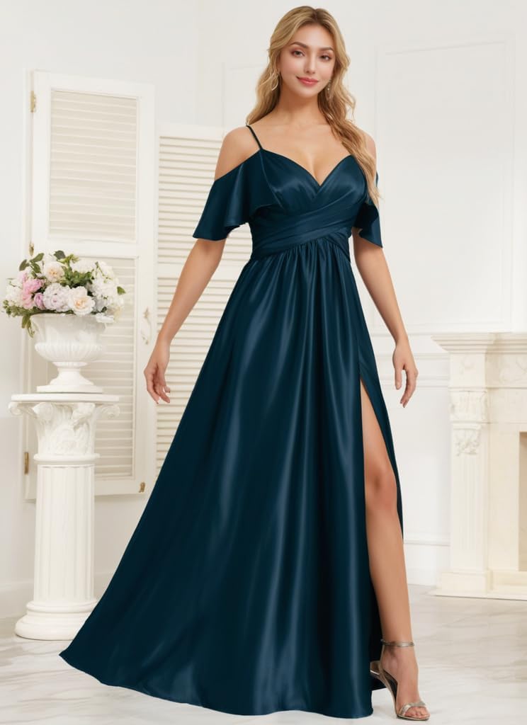Everlong Cold Shoulder Bridesmaid Dresses 2025 Satin Spaghetti Straps Prom Dress High Slit Formal Evening Gown EL010