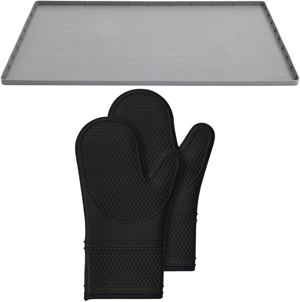 Gorilla Grip Waterproof Silicone Under Sink Mat for Kitchen and Bathroom and Silicone Oven Mitts, Mat Size 19x22 Gray, Raised Lip, Mitt Size 12.5in Black, Heat and Slip Resistant, 2 Item Bundle