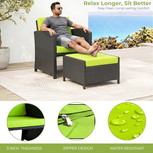Image of DEVOKO Valencia Outdoor 5 Piece All Weather Rattan Wicker Patio Sofa Set with Water Resistant Cushioned Chairs with Glass Top Table & Ottomans for Garden, Pool, Porch, Backyard (Black & Light Green)