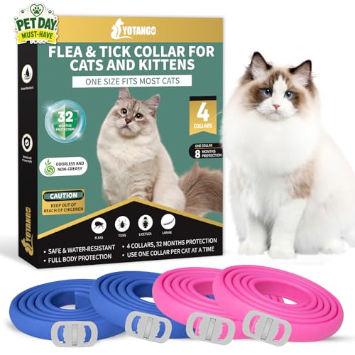 4 Pack Flea Collar for Cats, 32 Months Flea and Tick Prevention for Cat, Waterproof & Natural Cat Flea and Tick Treatment, Adjustable for Cats Kittens(Blue&Pink)