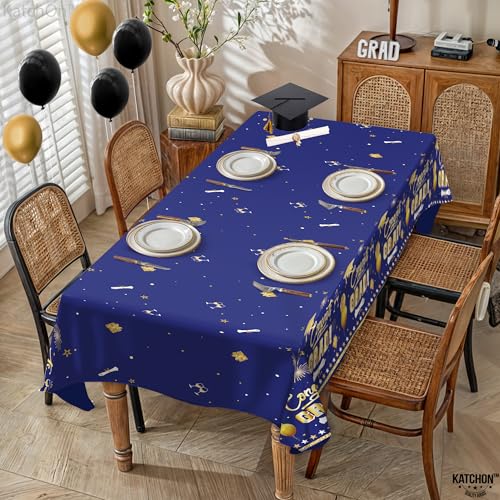 Image of KatchOn Graduation Tablecloth - Pack of 3, 54x108 Inch | Blue and Gold Graduation Decorations 2026, Congrats Grad Tablecloth | Graduation Table Decorations 2026, Plastic Tablecloth Disposable