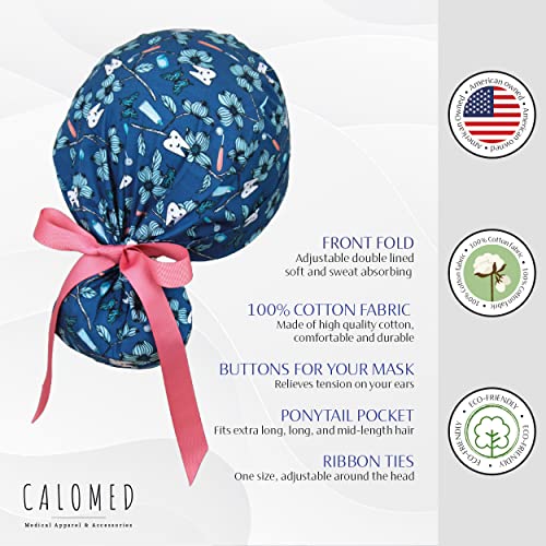 Image of Scrub Cap for Women and Men, Ponytail Scrub Caps, Working Hat, Head Cover with Ribbon Ties and Buttons, Long Hair