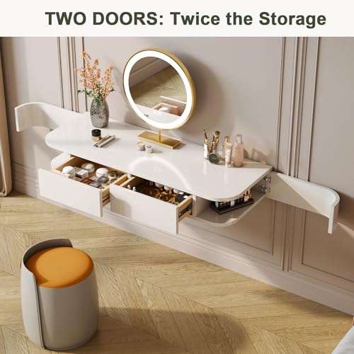 Image of Floating Makeup Vanity Table with 2 Side-Open Storage Doors, Space-Saving Dressing Table with Drawers, Wall Mounted Floating Desk with Rounded Corners for Small Space Bedroom (White, 39.3in)