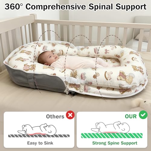 Image of Baby Lounger, Foldable Portable Waterproof Baby Nest Cover, 0-24 Months Newborn Tummy Time Training & Seating Support Pillow, Dual-Use Breathable Infant Lounger Backpack for Home & Travel (Pink Bear)