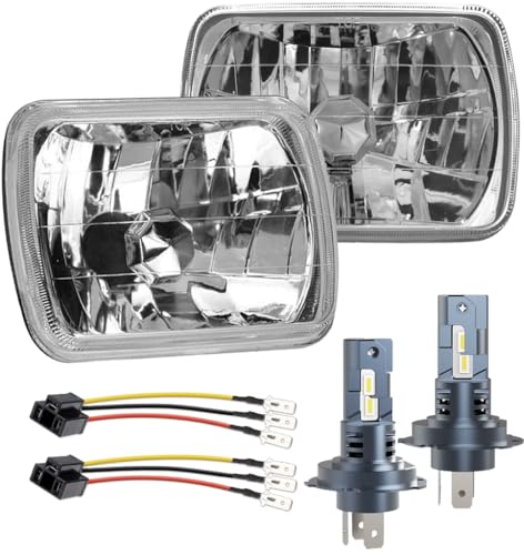 CHOPDARK 5X7 7X6 H6054 Glass Square Headlight Housings and H4 Light Bulbs 6500K, High Low Beam 7 inch OEM Style Original Classic Look Conversion Assembly Pair Kit for Cars,Truck and Van