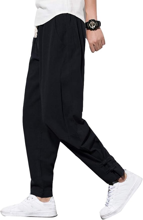 Mens Tapered Linen Trousers Solid Color Casual Loose Track Pants