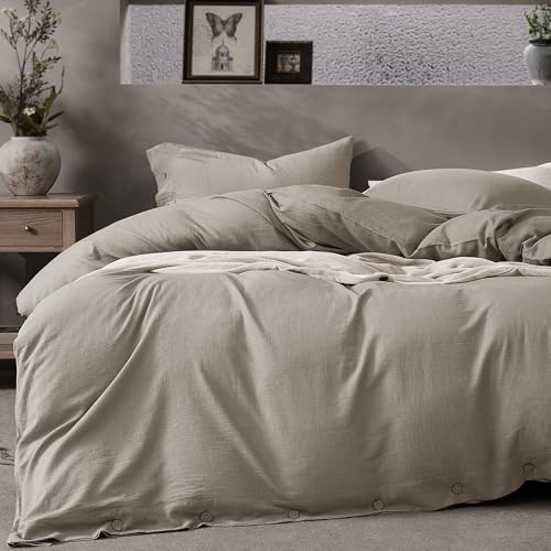 Image of JELLYMONI Cotton Duvet Cover Full Size - Taupe Comforter Cover with Button 100% Washed Cotton 3PCS Breathable Soft Solid Bedding Set Duvet Cover 80x90in & 2 Pillowcases (NO Comforter)