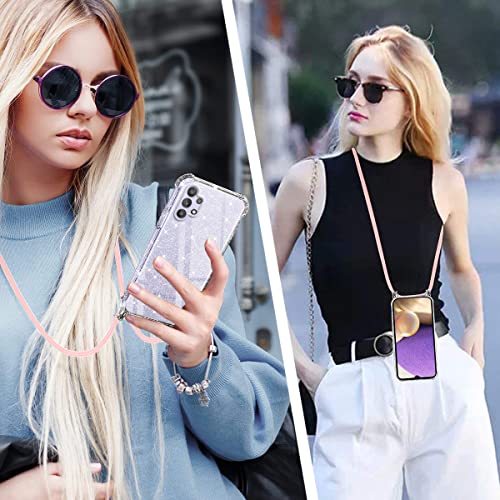 Yoedge Crossbody Case For Samsung Galaxy A10-6.2", Neck Cord Phone Cases With Adjustable Lanyard Strap, Clear Glitter Sparkle Anti-Scratch Shockproof Protective Cover, Rose Gold #TOP5