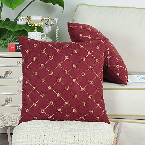 Calitime Pack Of 2 Supersoft Throw Pillow Covers Cases For Couch Bed Sofa Decor Modern Diamonds Shape Trellis Geometric Chain Embroidered 18 X 18 Inches Dark Red #TOP3