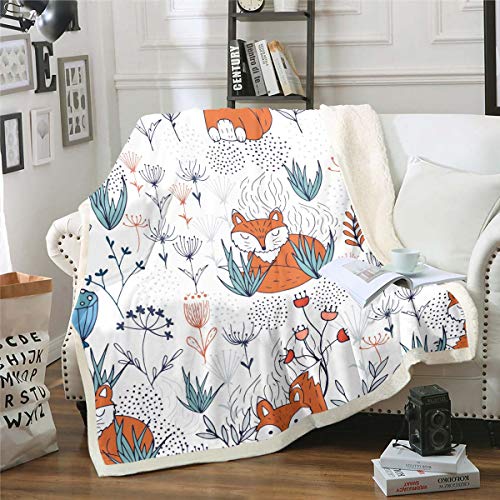 Loussiesd Cute Fox Sherpa Blanket Cartoon Fox Print Throw Blanket Botanical Branches Fleece Blanket for Couch Bed Sofa Room Decor Lightweight Wild Animal Theme Fuzzy Blanket Nature Baby 30"x40"