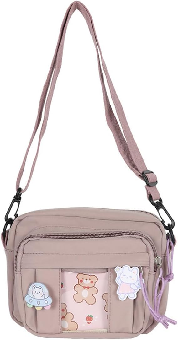 PORRASSO Ladies Crossbody Bag Cute Shoulder Bag with Bear Pendant Nylon Messenger Bag Satchel for Travel Daily Use Black B