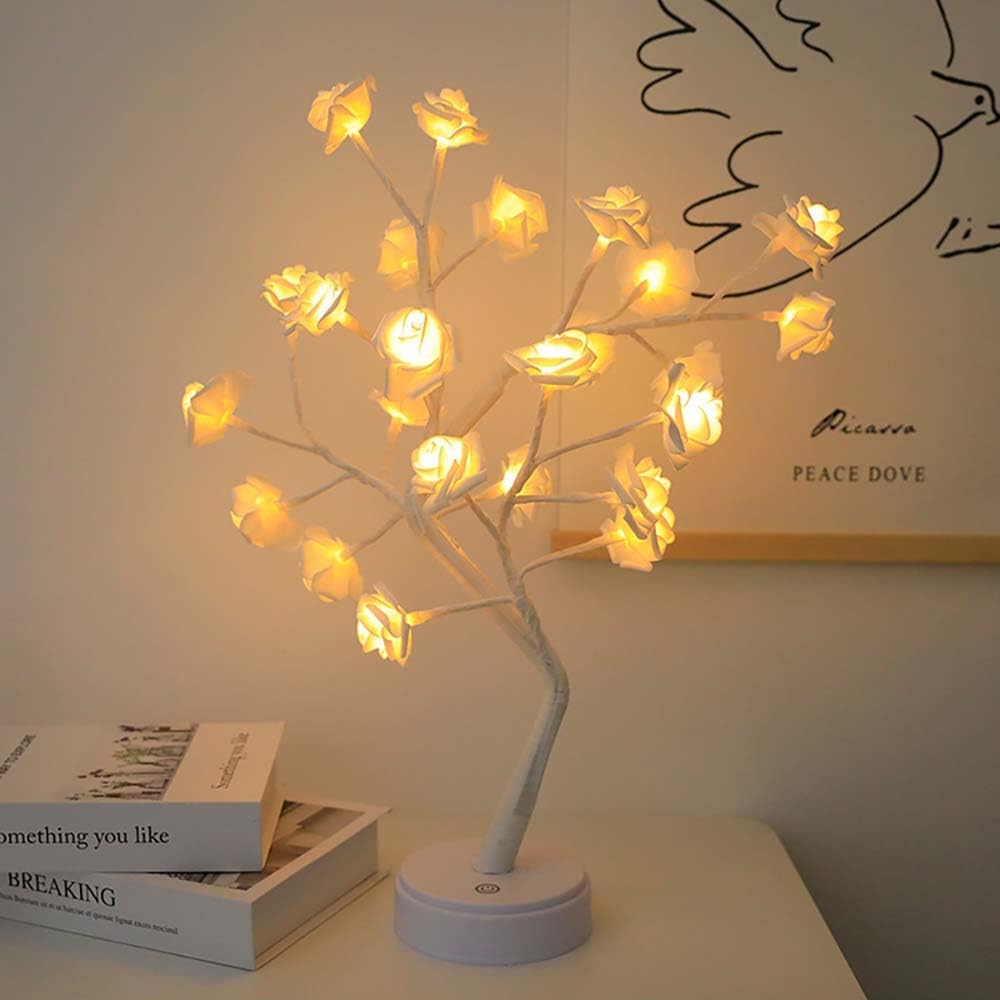 Rose Flower Lamp, Rose Tree Lights Pink Room Decor for Valentine's Day, USB/Battery Operated 18" 24 LED Artificial Flower Night Light Table Home Wedding Bedroom Mother’s Day Gift (White)