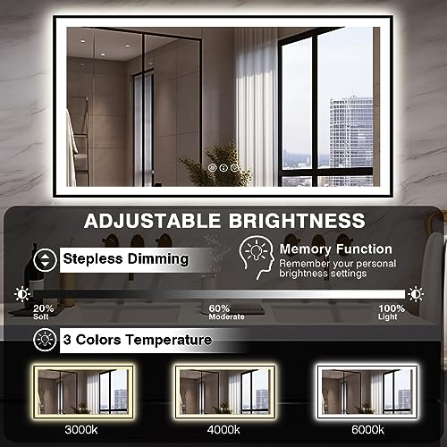 55x30 LED Bathroom Mirrors for Wall -Black Aluminum Framed (Front and Backlit), Anti-Fog Vanity Mirror With Lights,Stepless Dimmable Lighted Mirror,3 Colors Smart Mirror(Horizontal/Vertical)