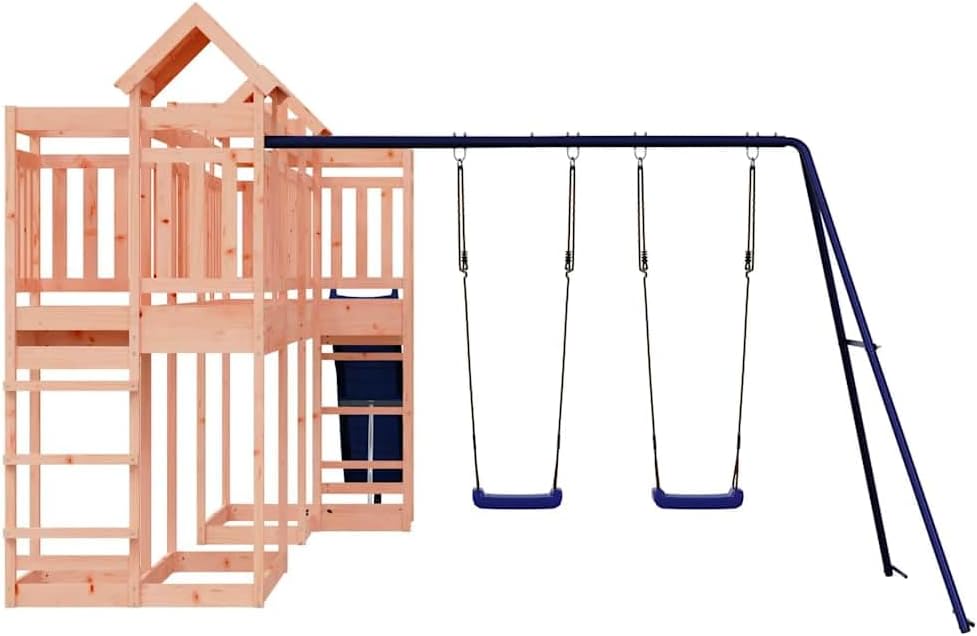 Outdoor Wooden Playset for Kids, Large Backyard Swing Set with Slide and Play Tower, Durable Solid Douglas Fir Wood Playground for 4 Children, Brown