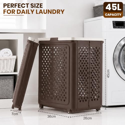 Image of JD FRESH Large 45 Liters Foldable Laundry Basket /Multipurpose Laundry Bag for Clothes with Wheels and Integrated Handles /Movable Plastic Clothes Basket /Laundry Bucket for Home & Laundry Room (Brown)