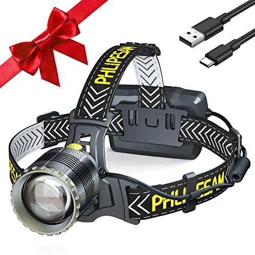 PHLIPESAM 150000LM 8 Modes Headlamp Sensor Function, 60H Long Battery Life Detachable, IP68 Waterproof Zoom LED Head Lamp & 90°Angle Adjustable for Outdoor Camping Running Hunting Reading