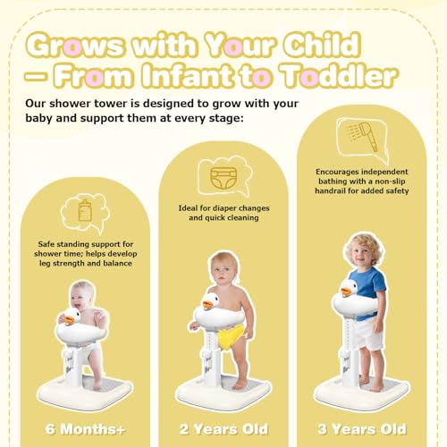 Image of Baby Bath with Shower Stand Support - Adjustable Toddler Shower Tower with Anti-Pinch & Anti-Slip Design, Baby Bathtub Stand for Infants 6-36 Months, Ideal Gift for Newborns,Khaki
