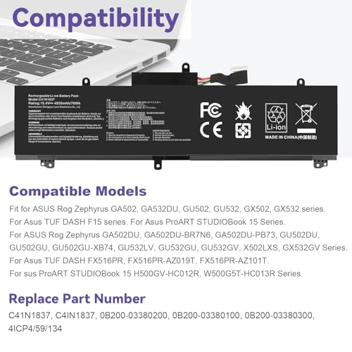 Image of C41N1837 Laptop Battery for ASUS ROG Zephyrus G15 GA501I GA502 GA502D GA502DU GA502GU GA502IV GU502 GU502DU GX502GW GX532GV GU532GW GU502LU GU502LW GU502LV GX502LXS GX502GV GX502GW 0B200-03380100