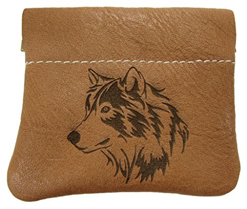North Star Men's Leather Squeeze Coin Pouch Change Holder (3.25 X 3 X 0.25 Inches, Wolf Head Tan)