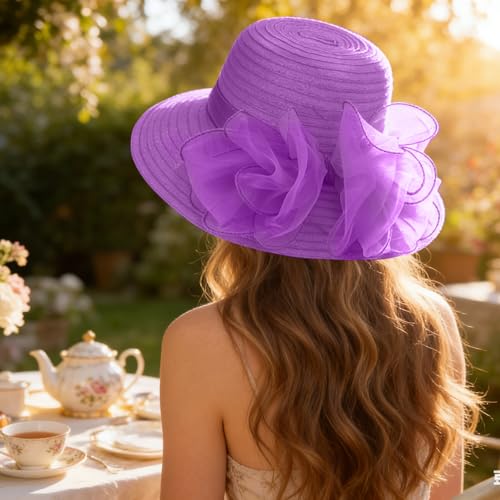 Image of DRESHOW Lady Derby Dress Church Bowler Cloche Hat Bowknot Organza Bridal Cap for Wedding