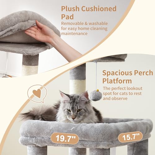 Image of Heybly Cat Tree, 71-Inch Tall Cat Tower for Large Maine Coon Cats with Extra-Large Baseboard, Cat Condo Furniture with Multi-Level Platforms, 2 Hammocks and 12 Scratching Posts, Light Gray HCT037W