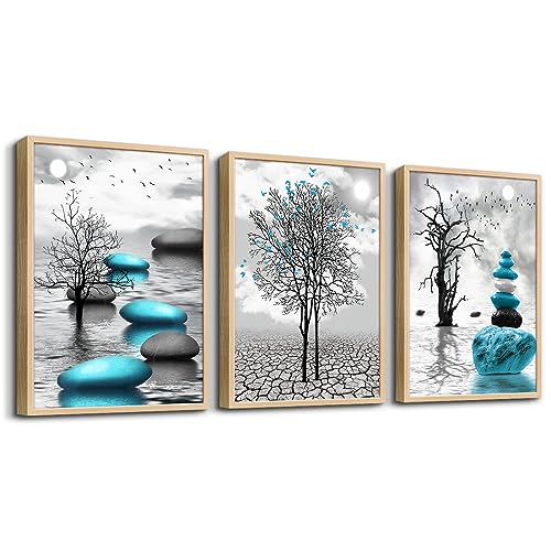 Natural Wood Framed Canvas Wall Art for Living Room Wall Decor for Bedroom Blue Abstract Wall Pictures Bathroom Black and White Paintings Office Decoration Modern Home Decor Framed Art Prints