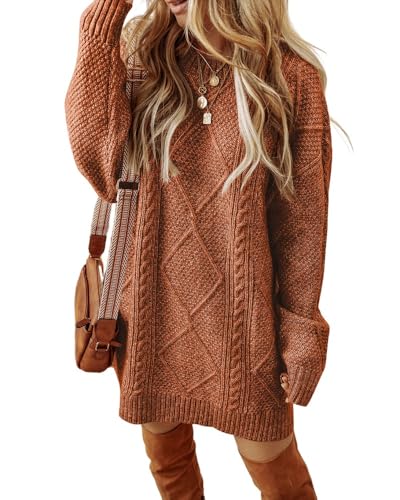 CHICME Women Round Neck Long Sleeve Sweater Dress Cable Knit Casual Loose Fit Pullover Fall Winter Sweaters Mini Dress Brown-L