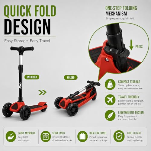 Image of MiniExplorer Rio Kids Kick Scooter for Boys & Girls 3-12 Years - Red | Adjustable Height Foldable Scooter with Rear Brake & Anti-Slip Deck | 3 Wheel /2 Wheel Outdoor Scooter for Kids