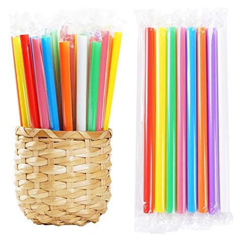 200 PCS Individually Packaged Colorful Jumbo Smoothie Straws, Large Wide Milkshake Disposable Plastic Drinking Straw (0.43" Diameter and 8.2" long) (200) Cover