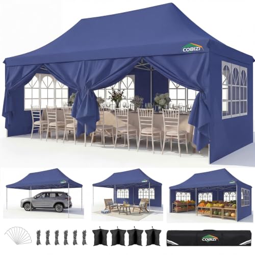 Image of COBIZI 10x20 Pop up Canopy Tent for Parties, Carry Bag,6 Walls,4 Sandbags