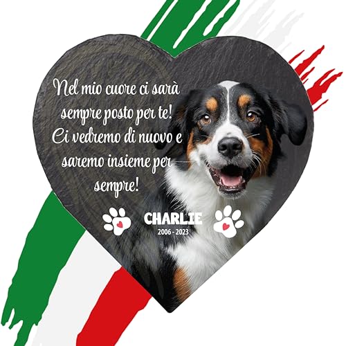 Targa Cuore commemorativa per Cane e Gatto, Cuore con foto personalizzabile in pietra con foto del tuo animale domestico (Cuore 20cm)