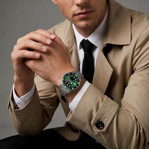 Image of Men's Analog Watch with Green Dial, Rotating Bezel, Stainless Steel Strap, Date Display & Quartz Movement