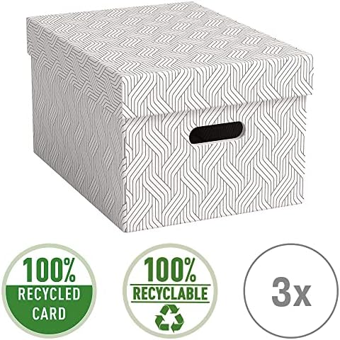 VON Leitz 61410001 Storage Box with Lid, 15 Litres, Medium, Geometric Design, 100% Recycled Cardboard, for School, Study & Household, White, Pack of 3