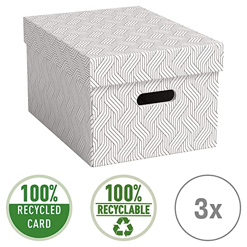 VON Leitz 3er Set Aufbewahrungsbox mit Deckel, 15 L, Medium, 100 % Recyclingkarton, Geometrisches Design, Für Schule, Studium & Haushalt, Weiß, 3 Stück, 61410001