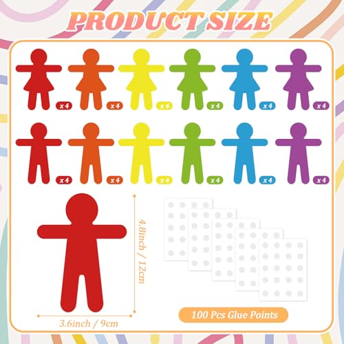 Image of Vuzvuv 48Pcs 5In People Doll Shaped Paper Cutouts with 100Pcs Glue Points for Wall Bulletin Board Decorations, Blank Boys & Girls Cut Out for Classroom, DIY Crafts & Party Banners(Rainbow Color)