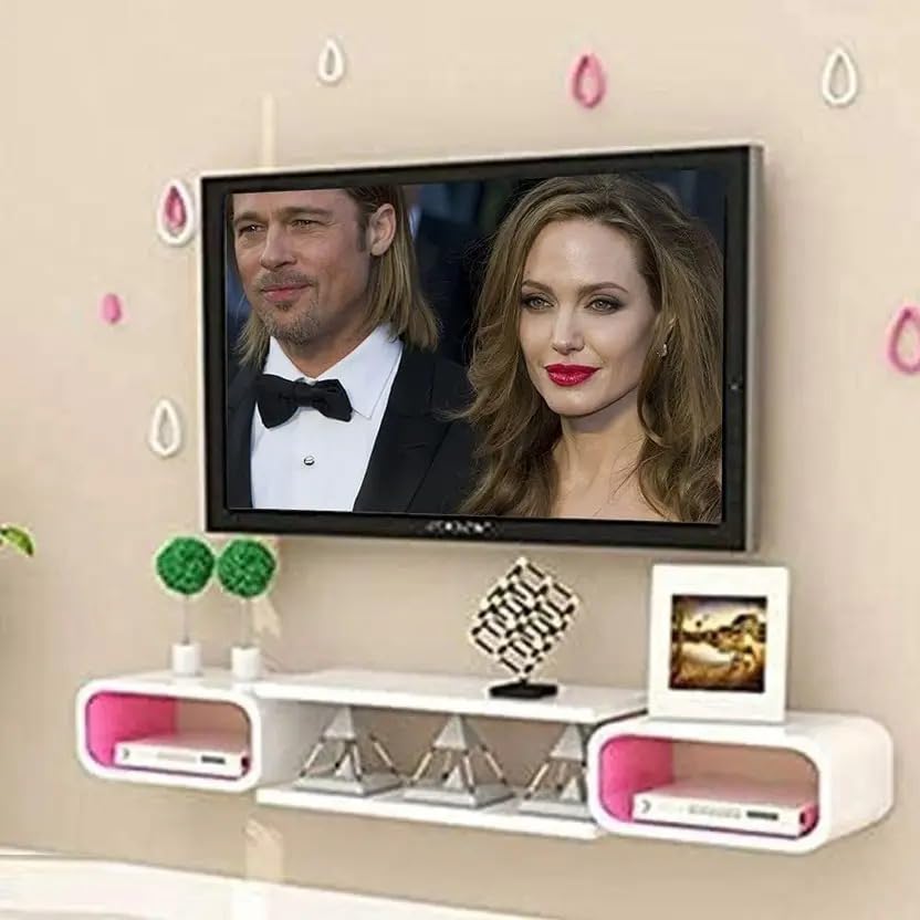 Image of Wooden Tv Entertainment Unit for Living Room and Bedroom, Set top Box Stand Brown of Wood (Pink and White)