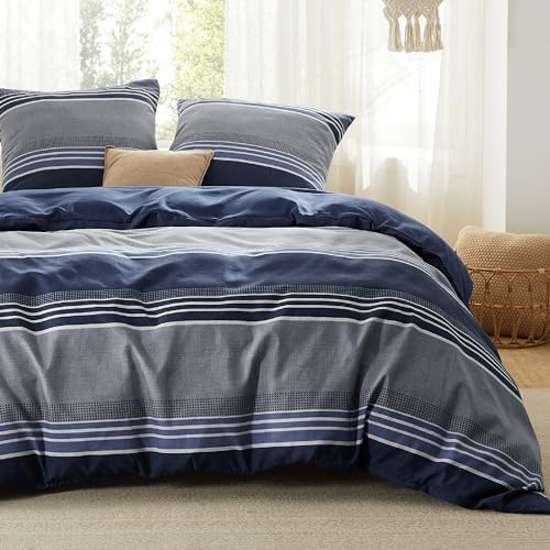 BEDSURE Ropa de cama de 220 x 240 cm, 3 piezas, funda nórdica de 220 x 240 cm, con 2 fundas de almohada de 80 x 80 cm, con certificado Öko-Tex reversible, diseño a rayas azules con cremallera
