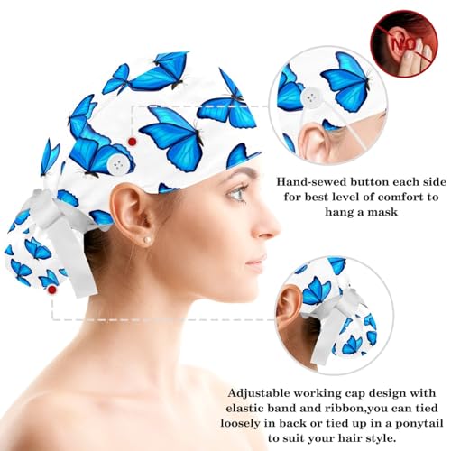 Image of Colored Butterflies Scrub Caps Women, Adjustable Working Cap with Button, Surgical Caps with Bow Hair Scrunchy