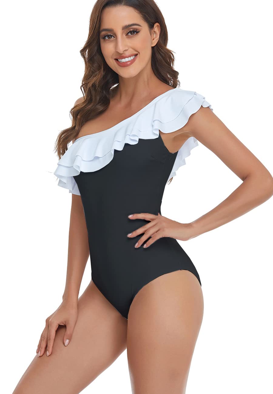 Traje de Baño Una Pieza para Mujer Bañador para Mujer Volante de un Hombro Conjunto de Bikini Push Up Acolchado Traje de Baño