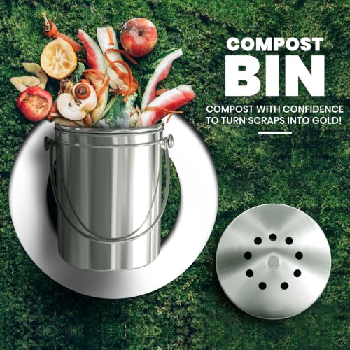 Image of Premium Quality Stainless Steel Compost Bin 1.3 Gallon, Includes Charcoal Filter